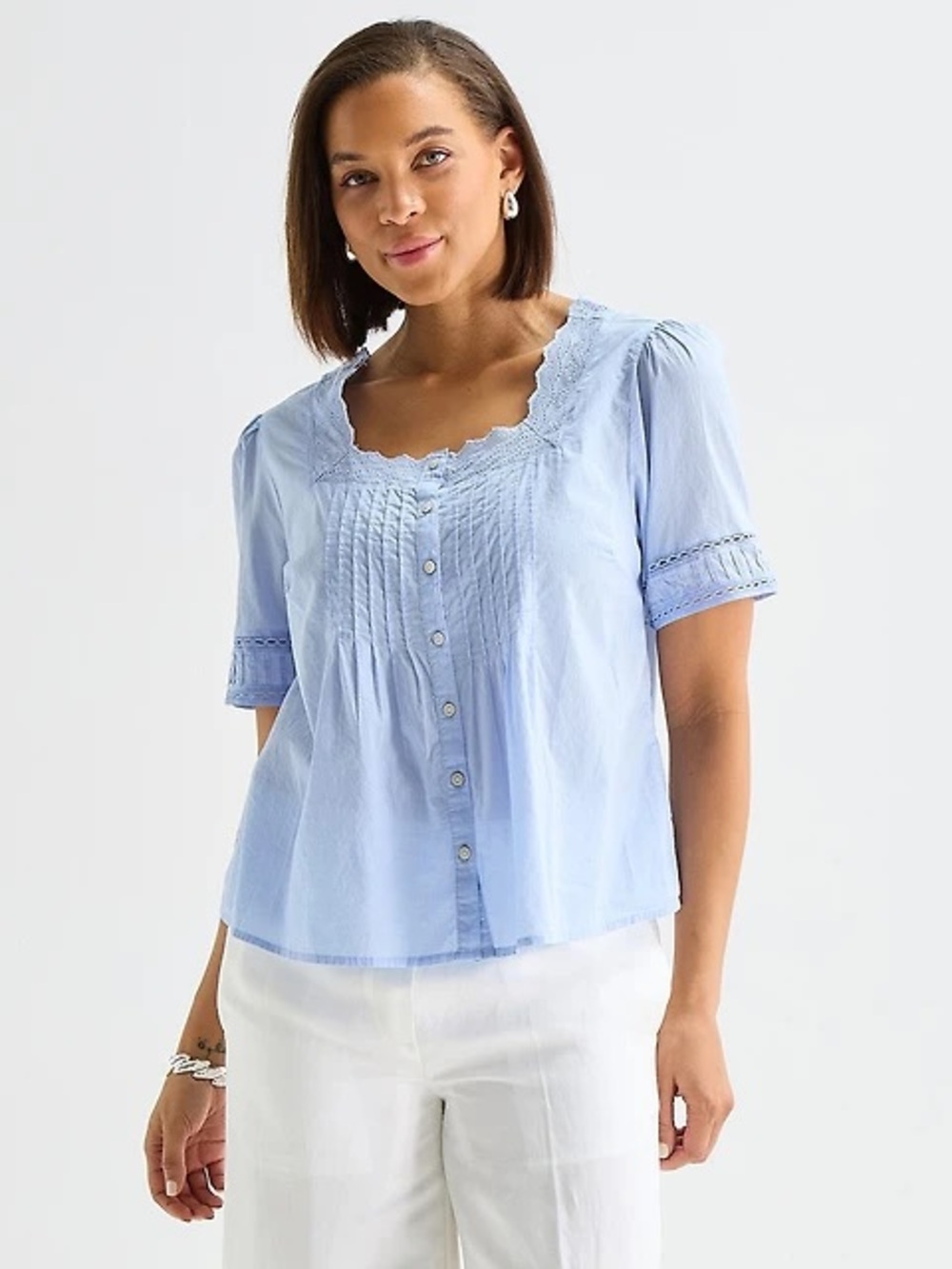 Liz Claiborne Light Blue Lace-Trim Button Front Blouse